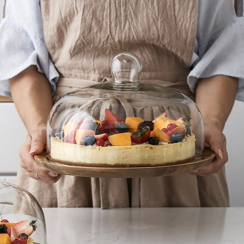 Wood Cake Stand with Glass Dome Revolving Cake Decorating Stand Dessert Display