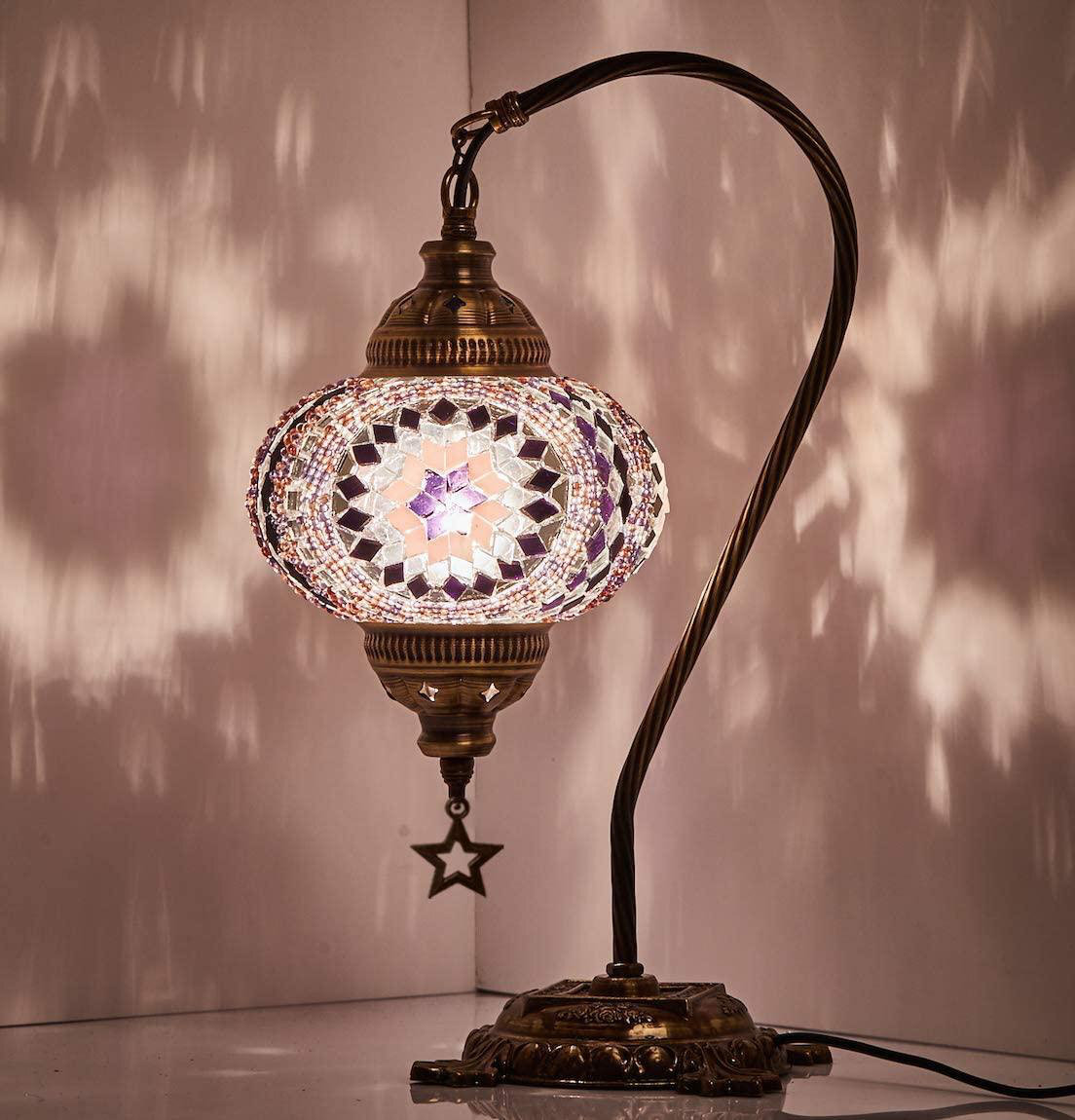 Turkish Moroccan Mosaic Table Lamp With US Plug & Socket, Swan Neck Handmade Desk Bedside Table Night Lamp Decorative Lamp Light, Antique